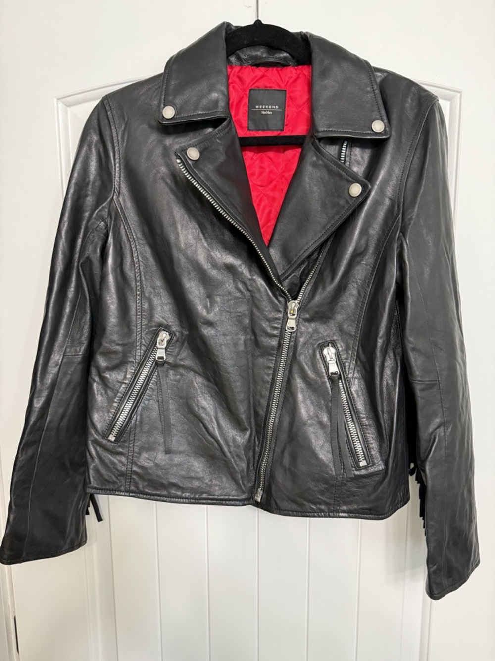 MaxMara Black Leather Moto Jacket with Red Lining